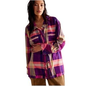 We The Free So Long Summer Plaid Shirt in Purple and Pink Size Medium
